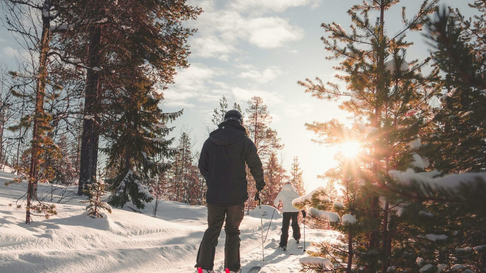 A delightful scene of a couple enjoying cross country skiing, gracefully gliding through the serene winter landscape.